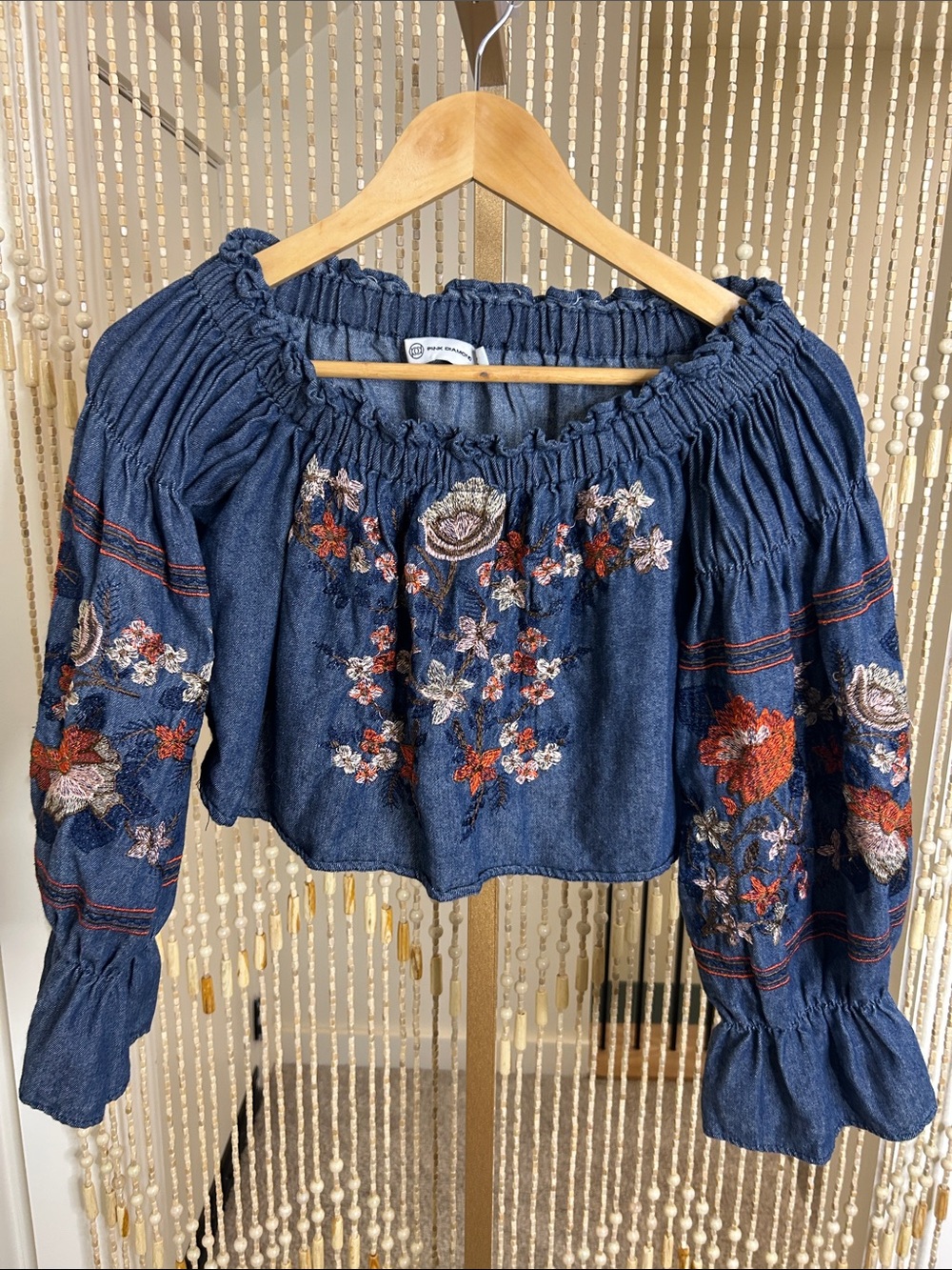 Embroidered Off-Shoulder Denim Blouse - Blue